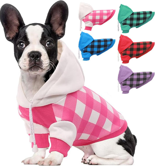 Dog Hoodie for Small Medium Dogs Cats, Soft Dog Sweatshirt, Plaid Puppy Pullover Hoodies for Small Dogs Boy Girl, English French Bulldog Hoodie, Warm Fleece Dog Winter Coat Outfit Vest,Pink XS