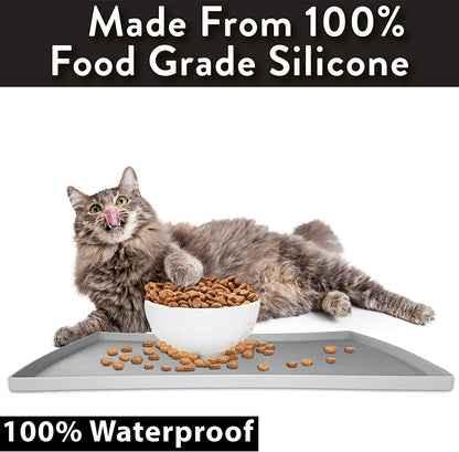 Cat Food Mat, Small & Large Pet Food Mat, 100% Waterproof Cat Mat for Food and Water, Silicone Mat for Cat Bowls, Non-Slip Mat for Cat Food and Water Bowl or Cat Water Fountain (Small, Gray)