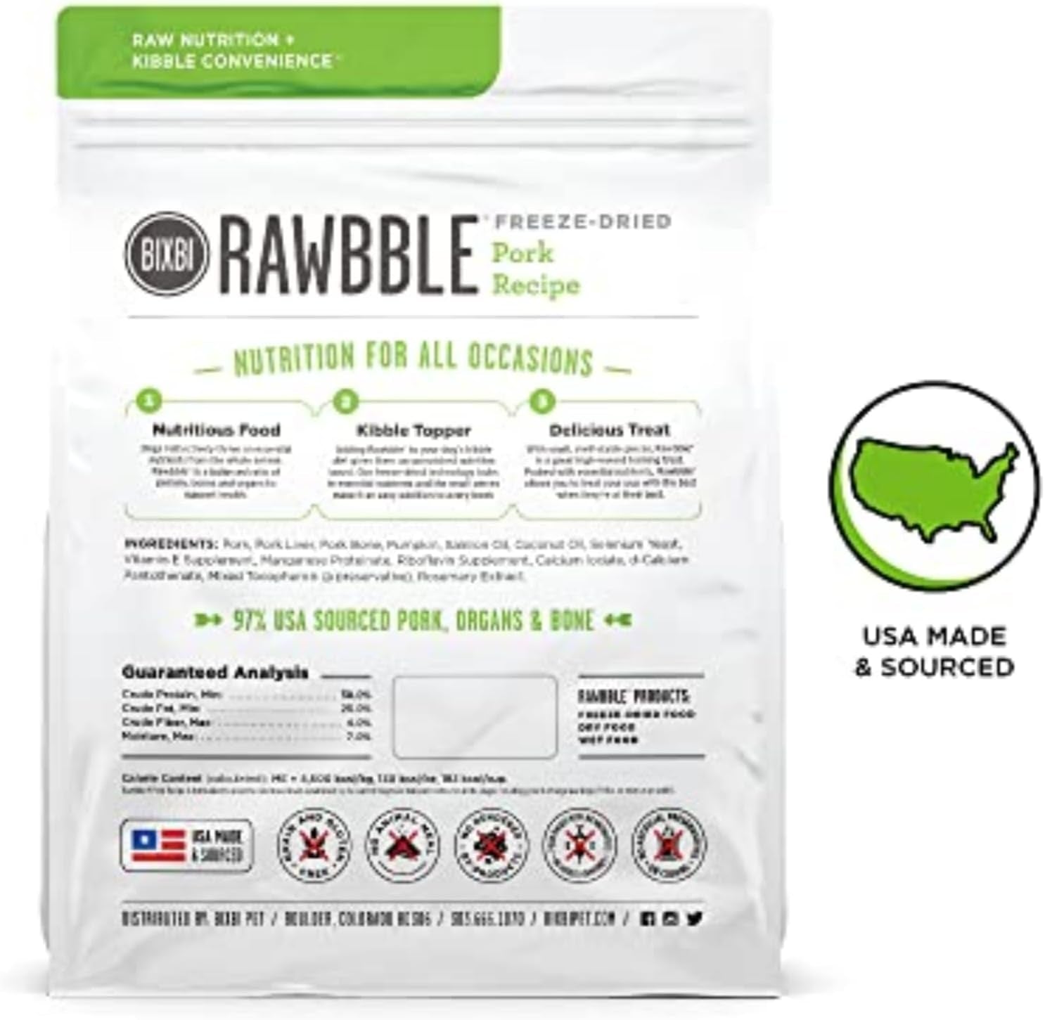 Rawbble Freeze Dried Dog Food, Pork Recipe, 26 Oz - 97% Meat and Organs, No Fillers - Pantry-Friendly Raw Dog Food for Meal, Treat or Food Topper - USA Made in Small Batches