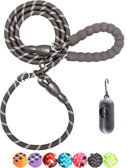 6 Feet Slip Lead Dog Leash Anti-Choking with Upgraded Durable Rope Cover and Comfortable Padded Handle for Large, Medium, Small Dogs Trainning with Poop Bags and Dispenser (Black)