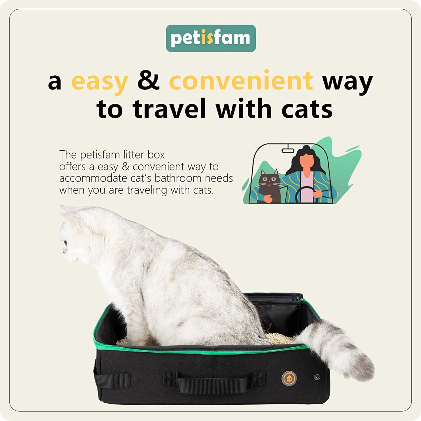 Portable Cat Travel Litter Box. No Leakage and Smell. One-Handed Carrying for Cats in Hotel, Car, Airplane